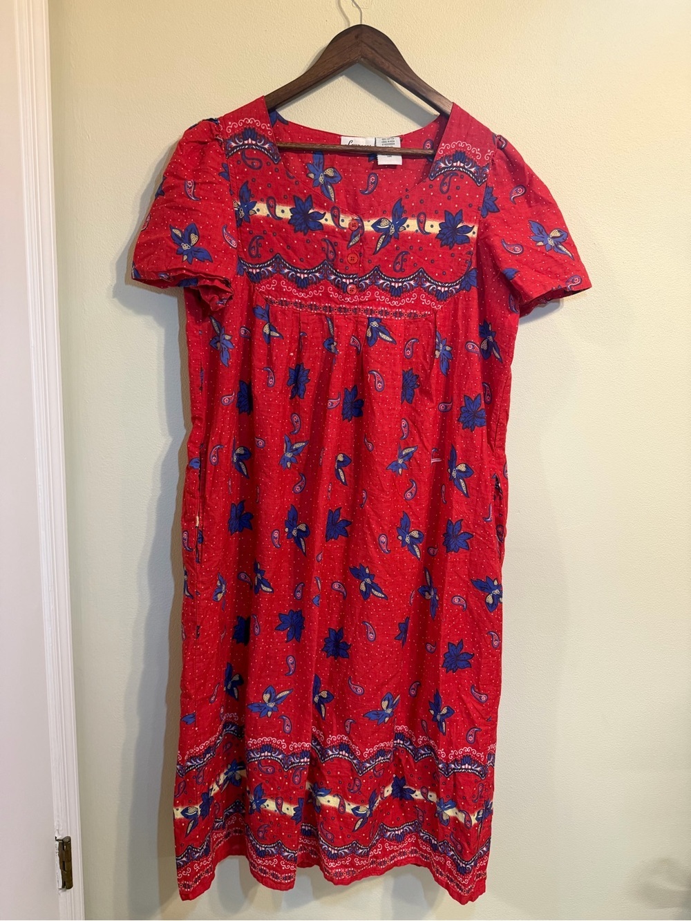 Loungees Retro Red Paisley Floral Cotton Dress Size Large With Pockets Boho - Picture 8 of 8